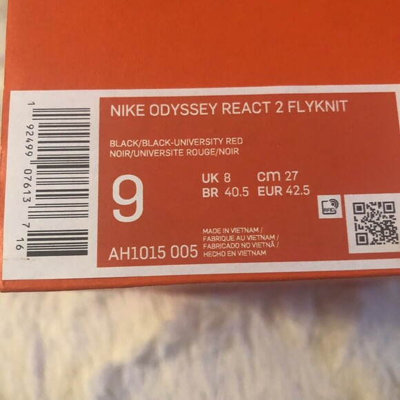 New Nike Size 9 Men’s Odyssey React 2 Flyknit Shoes Black University Red - Picture 6 of 6